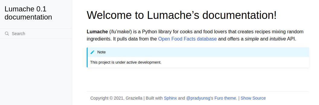 HTML documentation of Lumache with the Furo theme
